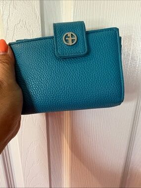 Teal Leather Wallet with Silver Logo Snap